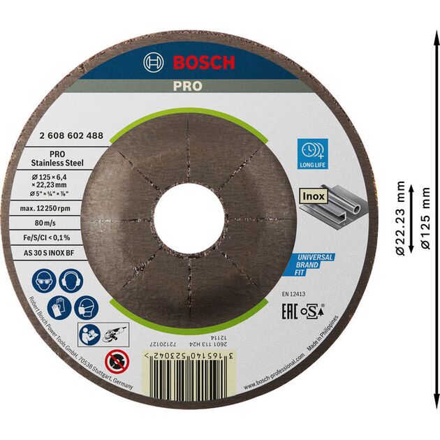 Круг обдирочний 125 x 6,0 x 22,23 мм по нержавіючій сталі, випуклий, Expert for Inox BOSCH (2608602488), фото , зображення 2 | SNABZHENIE.com.ua