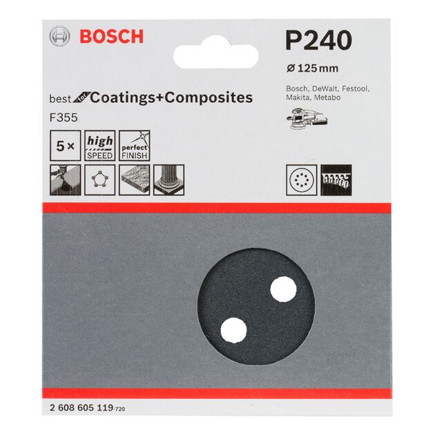 Шлифовальные листы BOSCH F355, 125 мм, 240, упаковка 5 шт., фото , изображение 3 | SNABZHENIE.com.ua