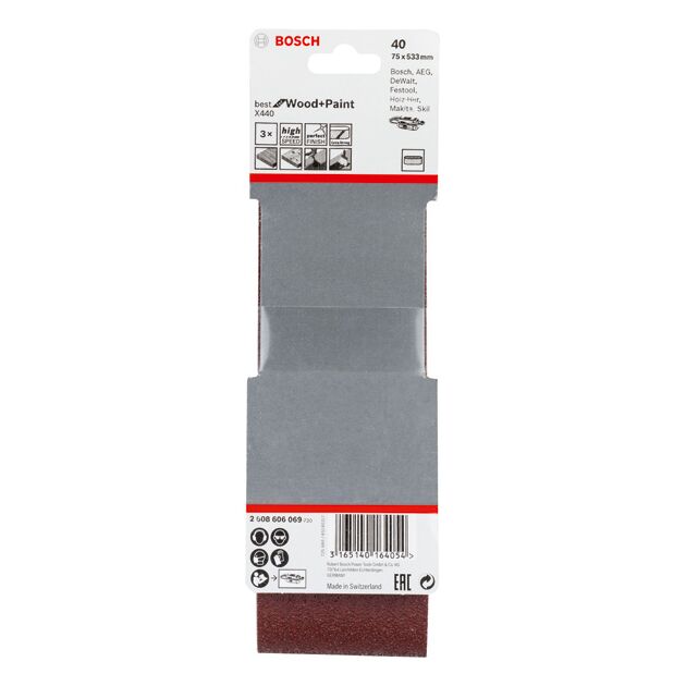 Набор шлифовальных лент X440, 75 x 533 мм, 40, 3 шт. BOSCH, фото , изображение 3 | SNABZHENIE.com.ua