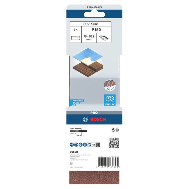 Набор шлифовальных лент X440, 75 x 533 мм, 150, 3 шт. BOSCH, фото , изображение 2 | SNABZHENIE.com.ua