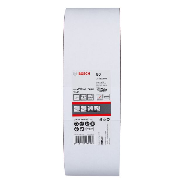 Шлифлента BOSCH K80 75x533 мм для ленточных шлифмашин, 10 шт., фото , изображение 2 | SNABZHENIE.com.ua