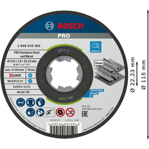 Диск відрізний X-LOCK Standard for Inox, 115 x 1,6 мм, T41 BOSCH, фото , зображення 2 | SNABZHENIE.com.ua