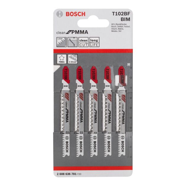 Пилка для лобзика Bosch T 102 BF Clean для PMMA, 5 шт., фото , изображение 3 | SNABZHENIE.com.ua