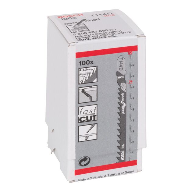 Пильне полотно для лобзика T 144 D Speed for Wood по дереву 100 шт, BOSCH (2608637880), фото , зображення 2 | SNABZHENIE.com.ua