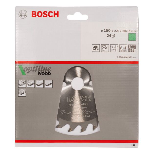Пильный диск «Optiline Wood» 150 x 20/16 мм, 24 зуба, BOSCH, фото , изображение 2 | SNABZHENIE.com.ua