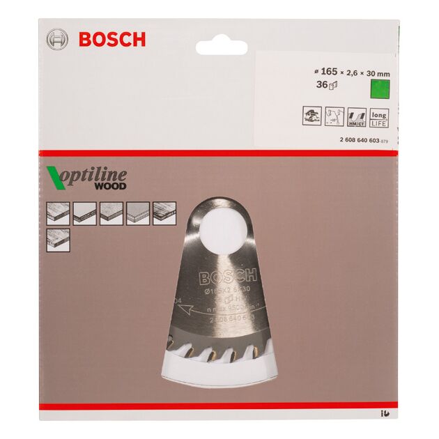 Пильный диск «Optiline Wood» 165x30x2,6 мм, 36 зубьев BOSCH, фото , изображение 3 | SNABZHENIE.com.ua