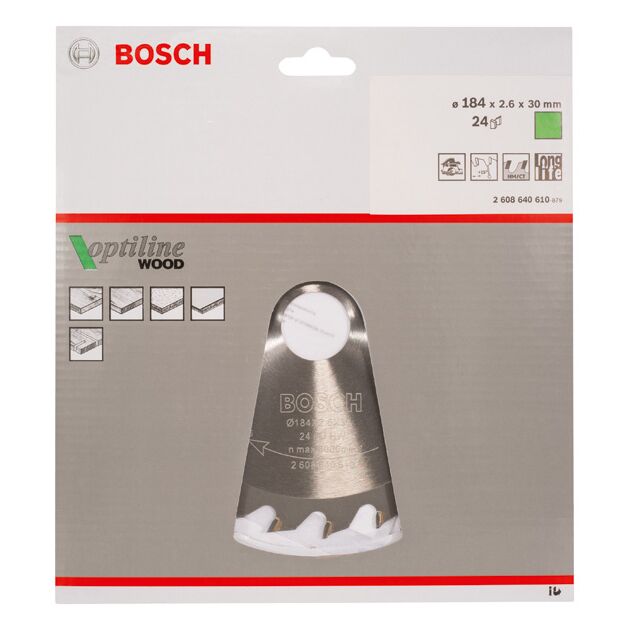Пильний диск «Optiline Wood» 184 x 30 x 2,6 мм, 24 BOSCH, фото , зображення 2 | SNABZHENIE.com.ua