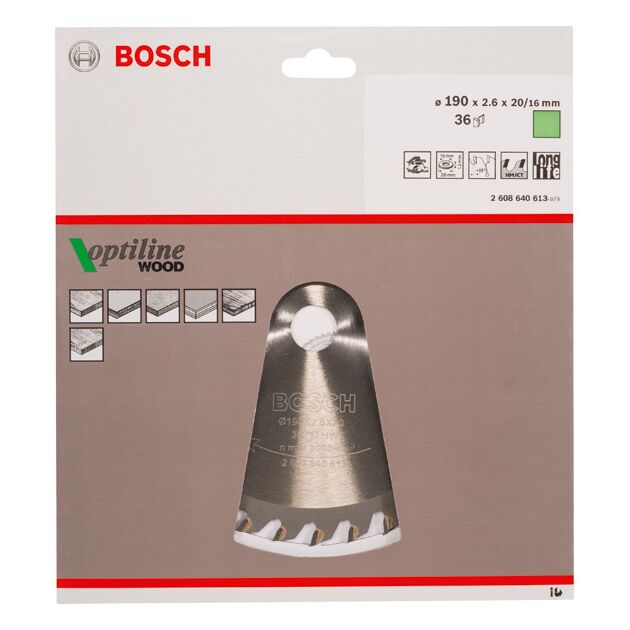 Пильный диск Bosch Optiline Wood 190 x 20/16 мм, 36 зубьев, фото , изображение 2 | SNABZHENIE.com.ua