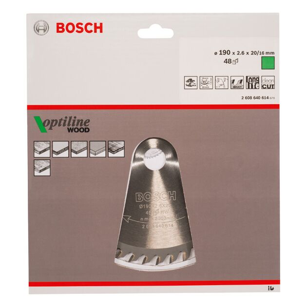 Пильный диск «Optiline Wood» 190 x 20/16 мм, 48 зубьев BOSCH, фото , изображение 2 | SNABZHENIE.com.ua