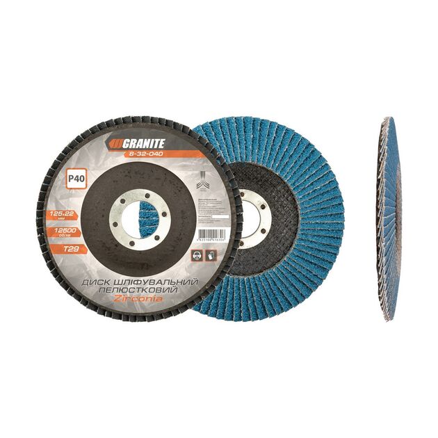 Диск шліфувальний лепестковий конусний GRANITE ZIRCONIA Т29 зерно 40 125х22 мм 8-32-040, фото  | SNABZHENIE.com.ua