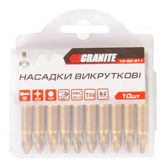 Насадка отверточная GRANITE PZ2 50 мм ¼" S2/TITAN набор 10 шт 10-92-511, фото , изображение 2 | SNABZHENIE.com.ua