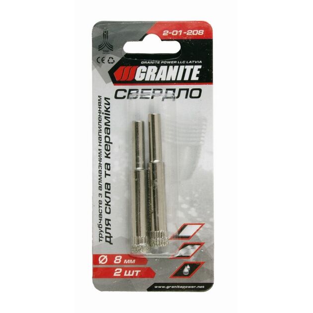 Сверло трубчатое GRANITE 8 мм с алмазным напылением для стекла и плитки, 2 шт., фото , изображение 2 | SNABZHENIE.com.ua