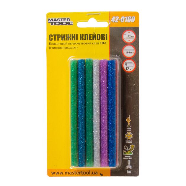 Стержні клеєві MASTERTOOL 7.2х100 мм 12 шт кольорові перламутрові 42-0160, фото , зображення 2 | SNABZHENIE.com.ua