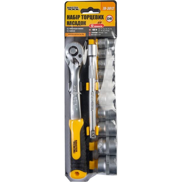 Набір насадок торцевих MASTERTOOL CrV 3/8 10-24 мм, подовжувач 150 мм, трещотка 72Т, 12 шт 78-3812, фото , зображення 3 | SNABZHENIE.com.ua