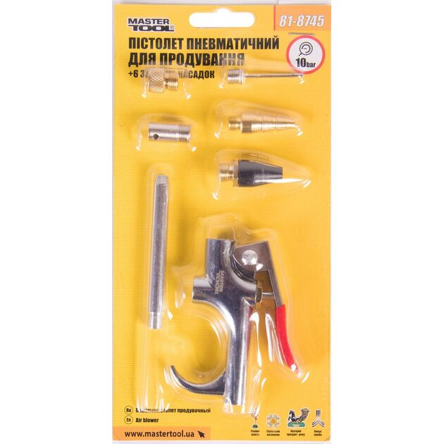Пневмопистолет MASTERTOOL с 6 насадками, 10 бар, 81-8745, фото , изображение 2 | SNABZHENIE.com.ua