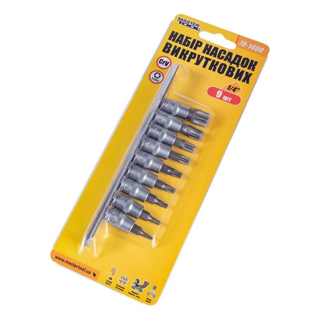 Набір насадок отверточних MASTERTOOL CRV 1/4 TORX 9 шт (Т10/15/20/27/30/40/45/50/60) 78-1400, фото , зображення 2 | SNABZHENIE.com.ua