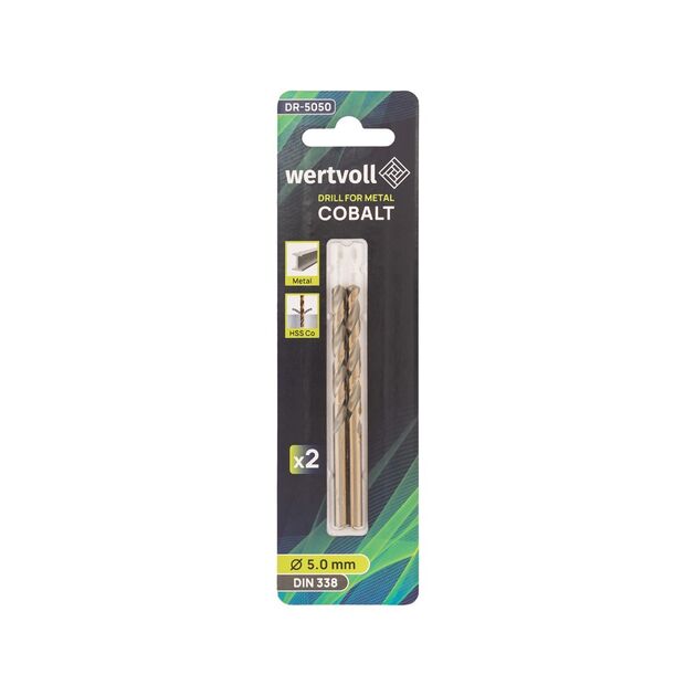 Сверло для металу WERTVOLL HSS 5.0х86 мм COBALT DIN 338 набір 2 шт DR-5050, фото , зображення 3 | SNABZHENIE.com.ua