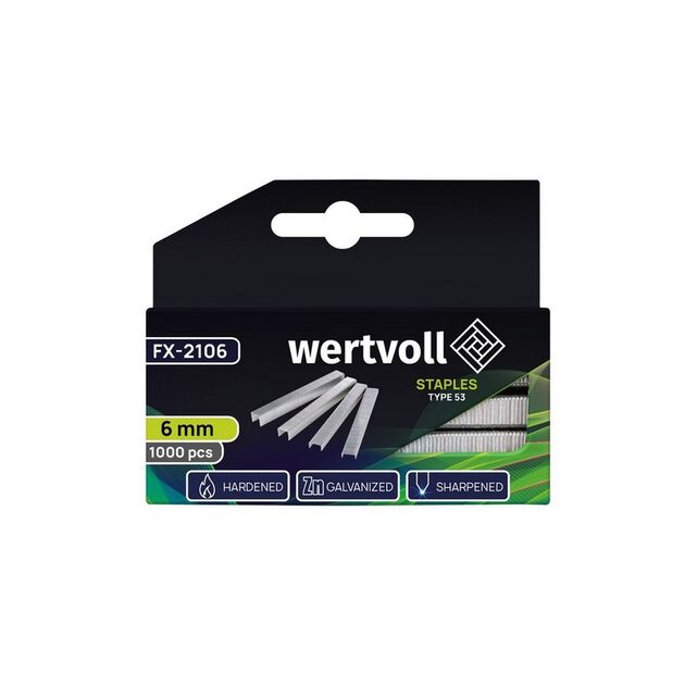 Закаленные скобы WERTVOLL R53 6 мм, 1000 шт FX-2106, фото , изображение 2 | SNABZHENIE.com.ua