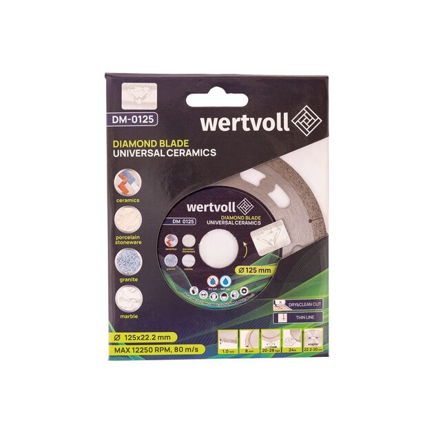 Диск алмазний для кераміки WERTVOLL UNIVERSAL CERAMICS 125х1 мм 24% висота алмазного шару 8 мм адаптер 22.2-20, фото , зображення 2 | SNABZHENIE.com.ua
