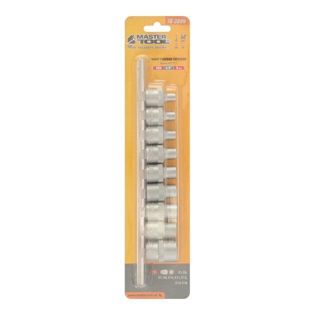 Набор головок торцевых E-TORX MASTERTOOL ⅜" E5-E16 CrV 9 шт 78-3809, фото , изображение 3 | SNABZHENIE.com.ua