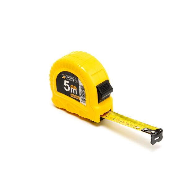 Рулетка MASTERTOOL 5 м х 19 мм фиксатор полотна кнопка STOP противоскользящий крючок 65-2105, фото  | SNABZHENIE.com.ua