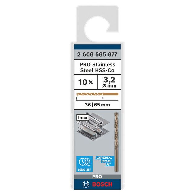 Спіральне свердло PRO Stainless Steel HSS-Co, 3,2 x 36 x 65 мм, 10 шт. Bosch, фото , изображение 2 | SNABZHENIE.com.ua