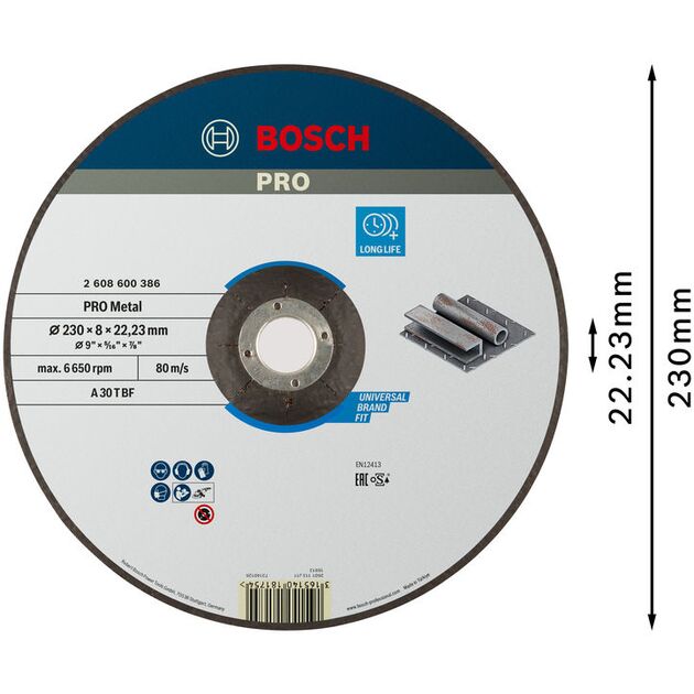 Армований шліфувальний диск PRO Metal, 230 x 8 x 22,23 мм Bosch, фото , изображение 2 | SNABZHENIE.com.ua