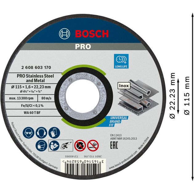 Армований відрізний круг PRO Stainless Steel and Metal, 115 х 1,6 х 22,23 мм, прямий Bosch, фото , изображение 2 | SNABZHENIE.com.ua