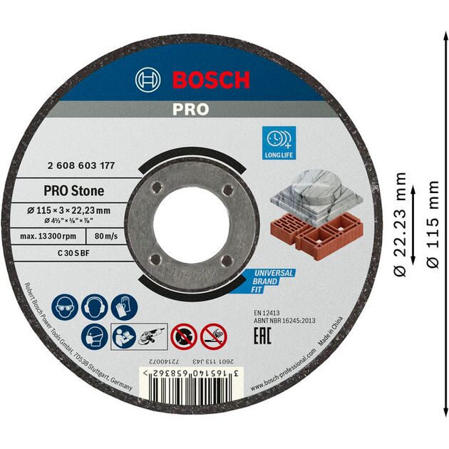 Відрізний круг PRO Stone, 115 x 3 x 22,23 мм Bosch, фото , изображение 2 | SNABZHENIE.com.ua