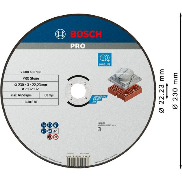 Армований відрізний круг PRO Stone, 230 x 3 x 22,23 мм, прямий Bosch, фото , изображение 2 | SNABZHENIE.com.ua