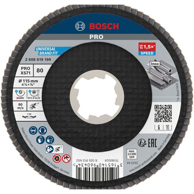 Пелюстковий шліфувальний диск PRO X571, 115 мм, G80, X-Lock Bosch, фото  | SNABZHENIE.com.ua