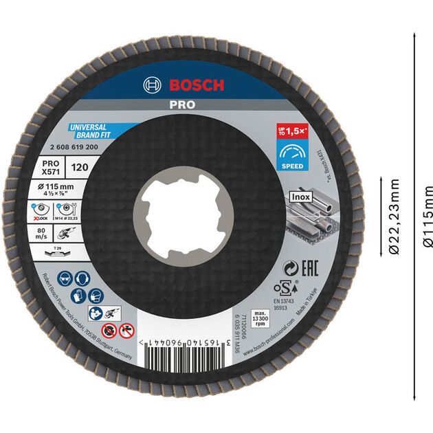 Пелюстковий шліфувальний диск PRO X571, 115 мм, G120, X-Lock Bosch, фото , изображение 2 | SNABZHENIE.com.ua