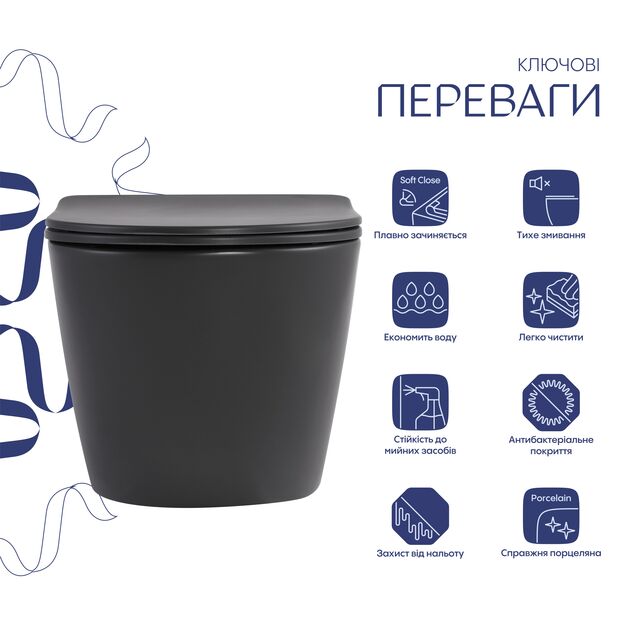 Унитаз подвесной Qtap Robin Ultra Quiet 520×365×340 мм, Anthracite, с сиденьем Slim Duroplast / Soft-close / Quick Release QTROB26AN48995, фото , изображение 3 | SNABZHENIE.com.ua