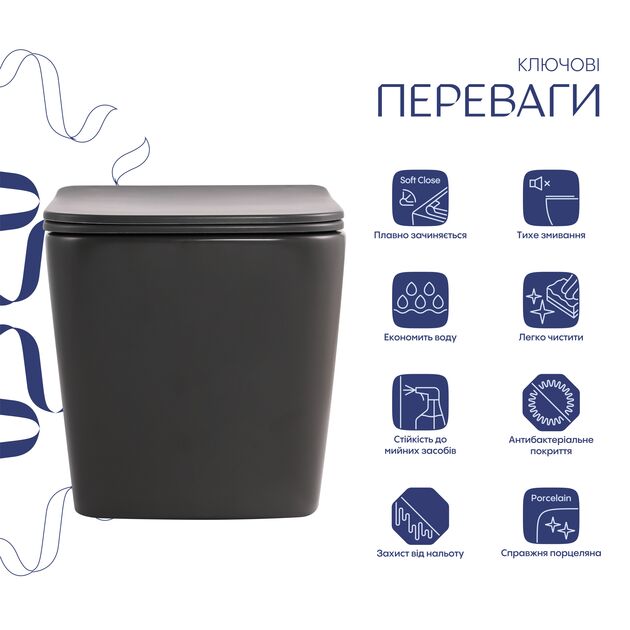 Унитаз подвесной Qtap Tern Ultra Quiet 520×345×325 мм, Anthracite, с сиденьем Slim Duroplast / Soft-close / Quick Release QTTER26AN48999, фото , зображення 3 | SNABZHENIE.com.ua