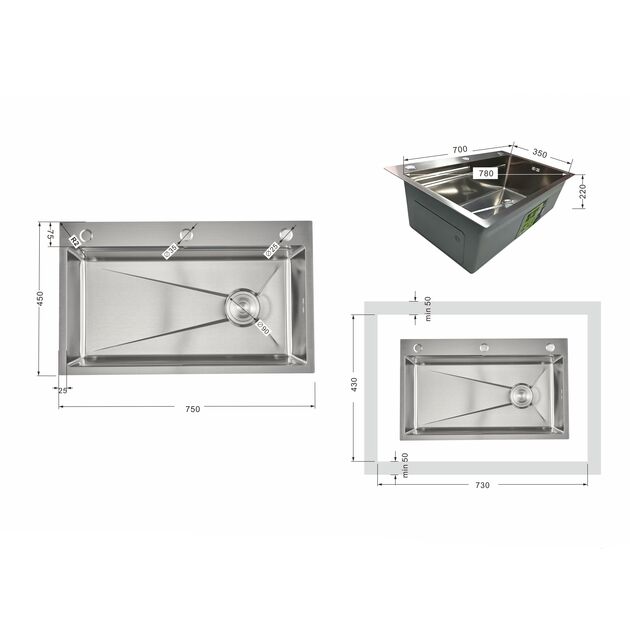 Мойка для кухни интегрированная Lidz Handmade H7545 Brushed Steel 3,0/1,0 мм LDH7545BRU49457, фото , зображення 2 | SNABZHENIE.com.ua