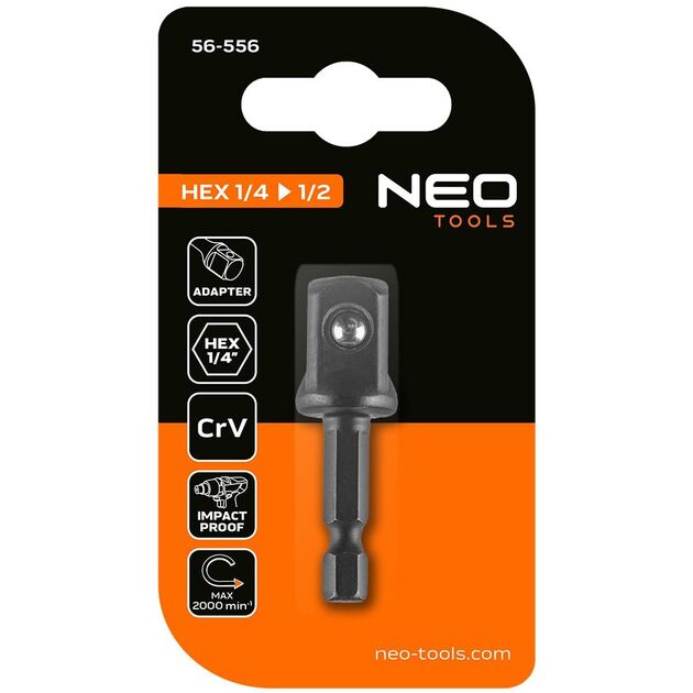 Перехідник Neo Tools, 1/4" Hex 1/2" квадрат, ударний, сталь S2, фото , зображення 3 | SNABZHENIE.com.ua