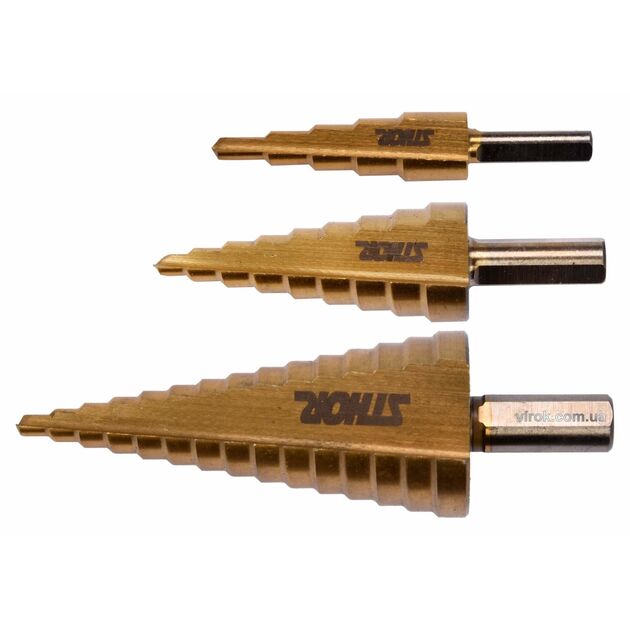 Конічні ступінчасті свердла титанові STHOR, Ø 4-32 мм, HSS 4241, 3 шт, фото  | SNABZHENIE.com.ua