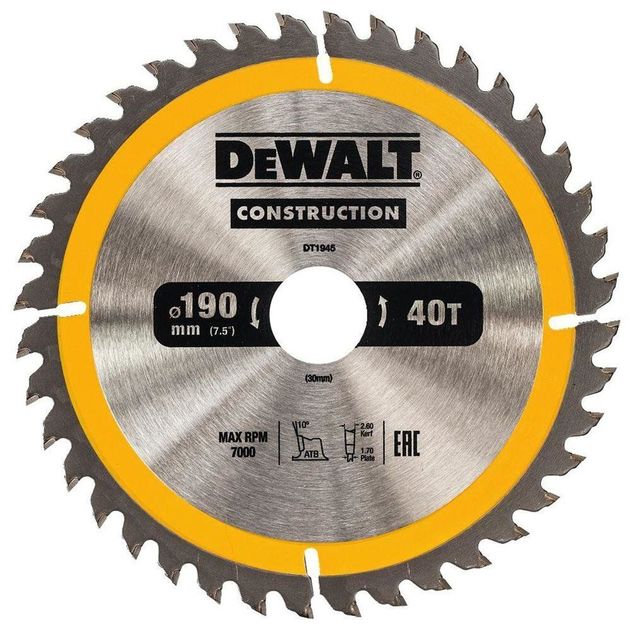 Диск пильный DeWALT 190мм, 40 зубьев, угол 10°, WZ/ATB, быстрый рез, фото  | SNABZHENIE.com.ua