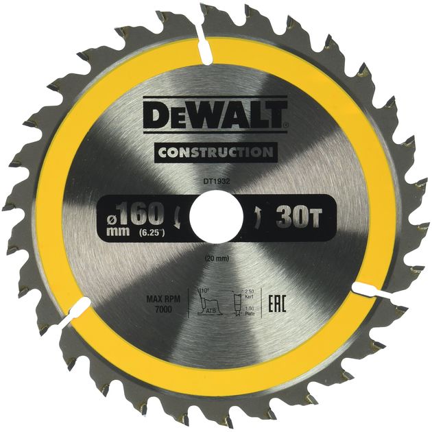 Диск пильний DeWALT 160 x 20 мм, 30 зубів, кут заточки 10 градусів, геометрія зуба WZ / ATB, універсальне застосування (DT1932), фото  | SNABZHENIE.com.ua