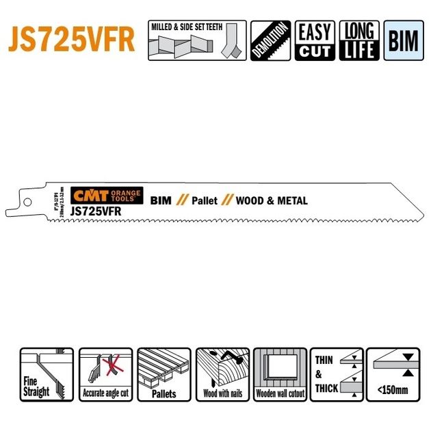 Полотно пильне для сабельної пилки 200 x 180 x 19 мм, K 1,27; TS 2,1-3,2 CMT (JS725VFR-20), фото  | SNABZHENIE.com.ua