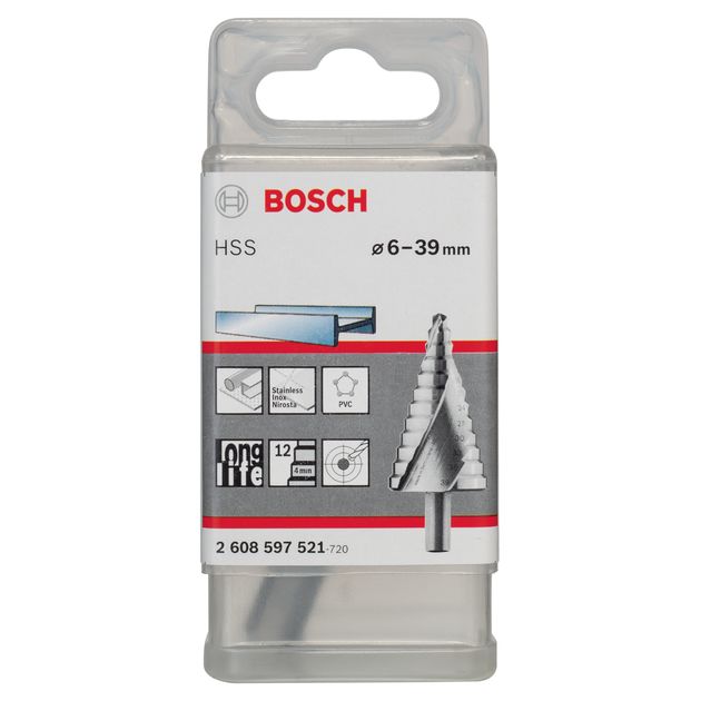 Ступеневе сверло HSS 12 ступ 6-39 мм BOSCH (2608597521), фото , зображення 2 | SNABZHENIE.com.ua Ступеневе сверло HSS 12 ступ 6-39 мм BOSCH (2608597521), фото , зображення 2 | SNABZHENIE.com.ua
