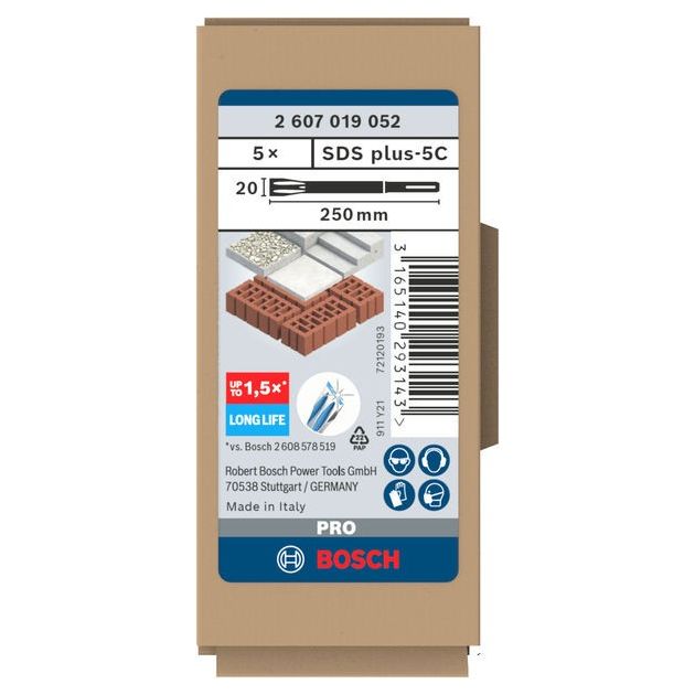 Плоское зубило Bosch SDS-Plus 250x20 мм, 5 штук (2607019052), фото  | SNABZHENIE.com.ua