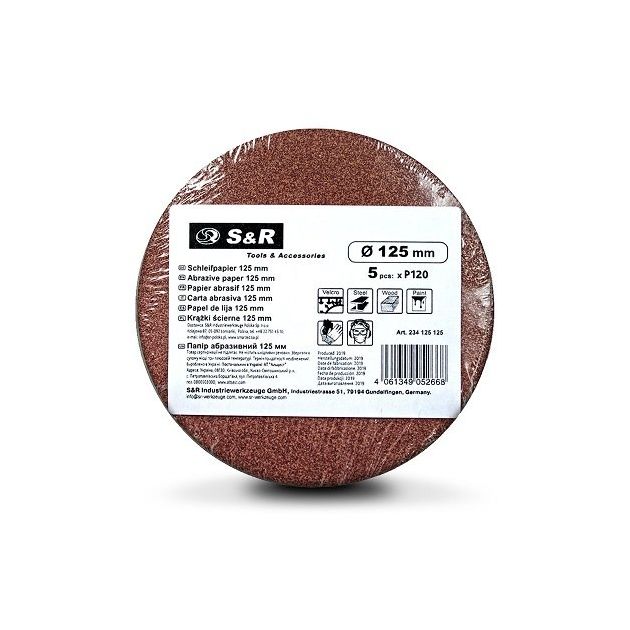 Набор шлифовальных кругов S&R D125 P120, 5 шт. (без отверстий), фото , изображение 10 | SNABZHENIE.com.ua Набор шлифовальных кругов S&R D125 P120, 5 шт. (без отверстий), фото , изображение 10 | SNABZHENIE.com.ua