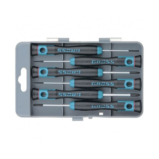 Набір викруток для точної механіки, двокомпонентні рукоятки, 6 штук, пластиковий бокс GROSS (13347G), фото , зображення 3 | SNABZHENIE.com.ua