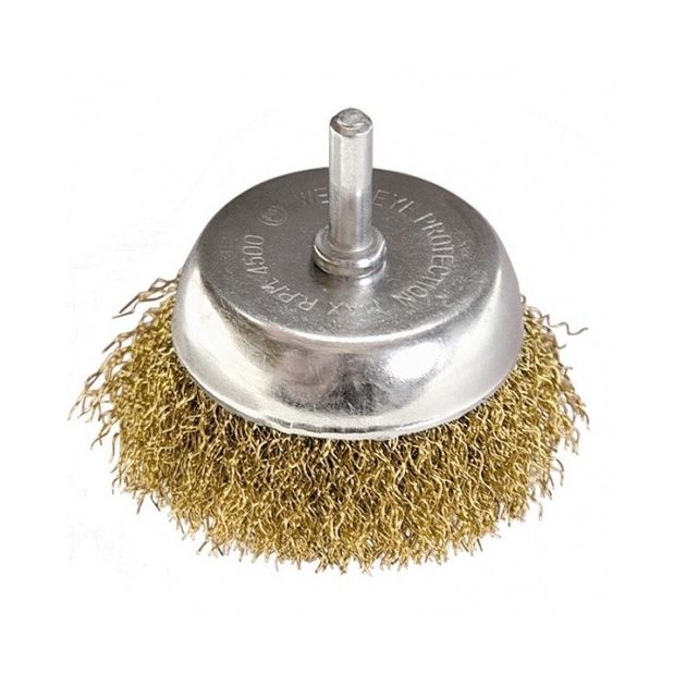Щітка для дрелі 50 мм, чашечна з хвостовиком, латуньована витая проволока MATRIX (744759M), фото , зображення 2 | SNABZHENIE.com.ua