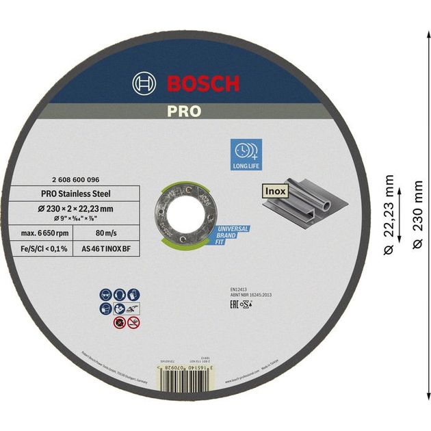 Круг відрізний 230 x 2,0 x 22,23 мм по нержавіючій сталі, прямий, Expert for Inox BOSCH (2608600096), фото  | SNABZHENIE.com.ua