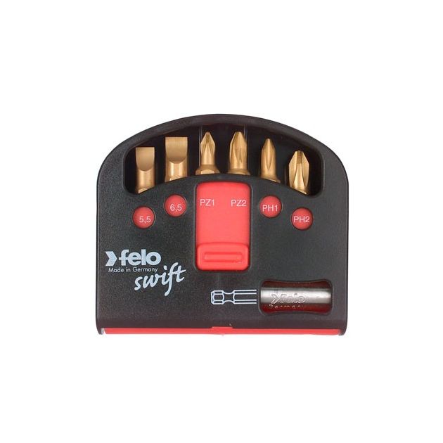 Набор бит Swift TIN 25 мм 5,5 х1; 6,5 х1, 2; PZ1; 2PZ2; PH1; PH2 + магнитный держатель; 7шт. FELO (02060176), фото  | SNABZHENIE.com.ua