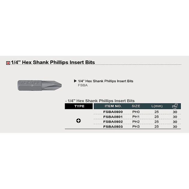 Бита насадка 1/4" 25 мм PH0 TOPTUL (FSBA0800), фото , изображение 3 | SNABZHENIE.com.ua Бита насадка 1/4" 25 мм PH0 TOPTUL (FSBA0800), фото , изображение 3 | SNABZHENIE.com.ua