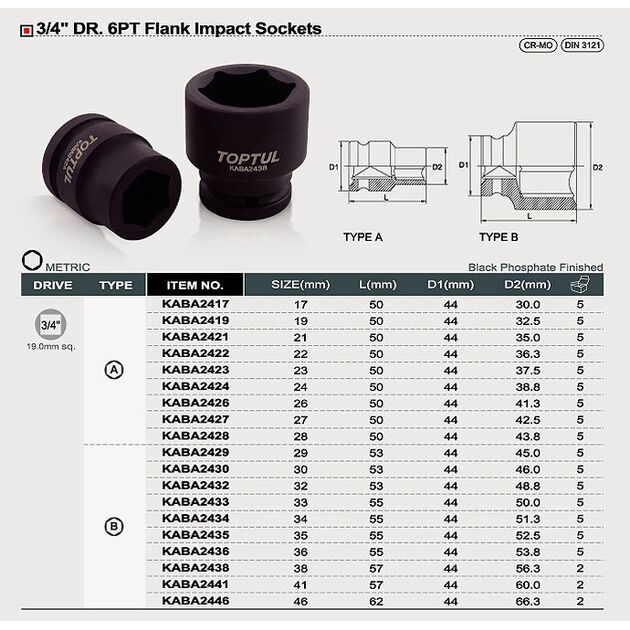 Ударная торцевая головка 3/4", 19 мм TOPTUL (KABA2419), фото , изображение 2 | SNABZHENIE.com.ua Ударная торцевая головка 3/4", 19 мм TOPTUL (KABA2419), фото , изображение 2 | SNABZHENIE.com.ua