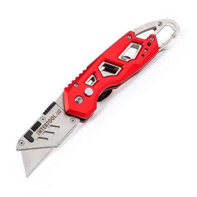 Ніж трапецієвидний 60*19мм складаний, SK5, алюмінієва ручка, карабін INTERTOOL HT-0531, фото , зображення 6 | SNABZHENIE.com.ua